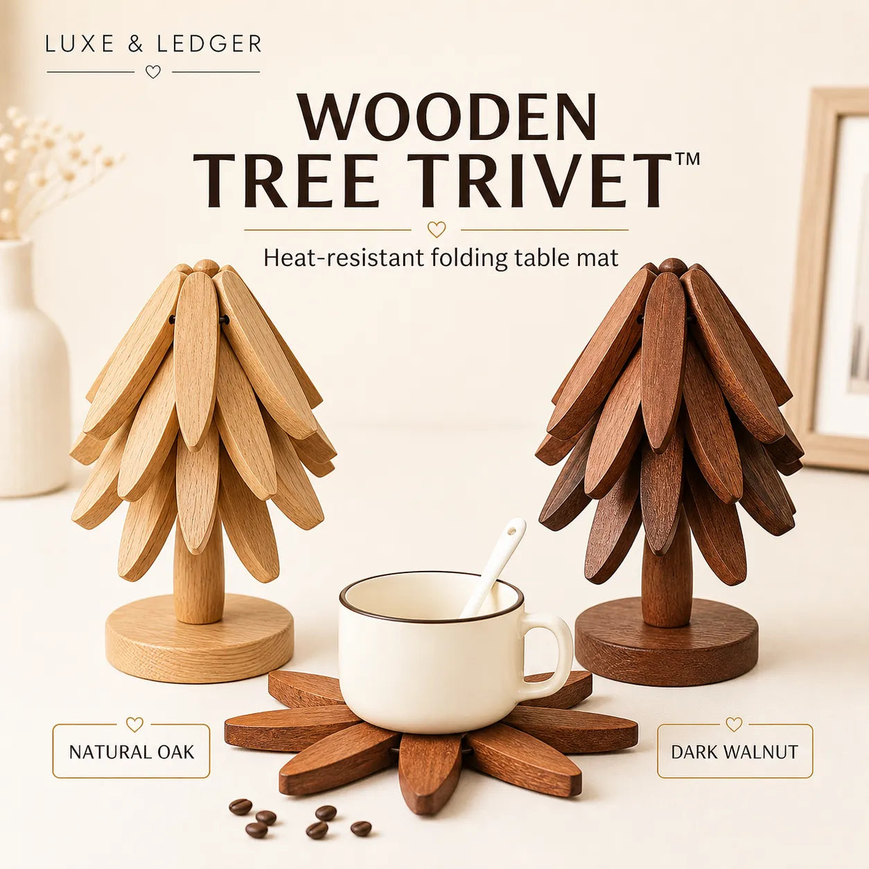 Wooden tree trivet with a cup on a light background, featuring Luxe & Ledger branding.