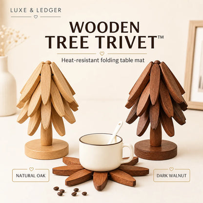 Wooden tree trivet with a cup on a light background, featuring Luxe & Ledger branding.