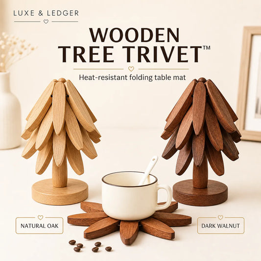 Wooden tree trivet with a cup on a light background, featuring Luxe & Ledger branding.