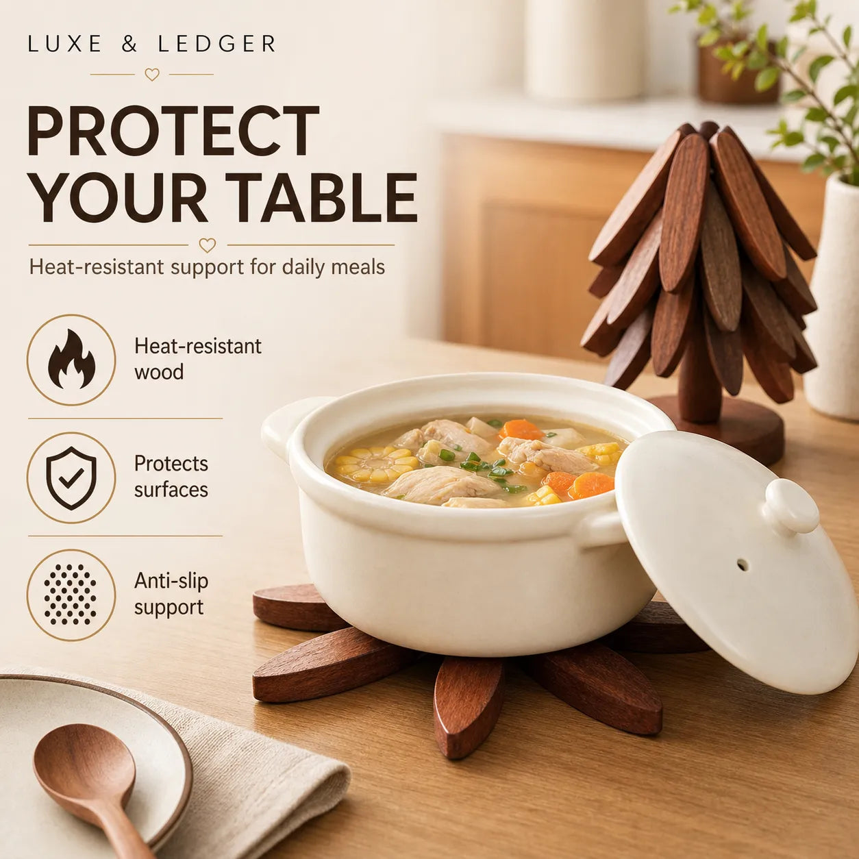 White ceramic pot with wooden stand on a table, featuring text about product benefits.
