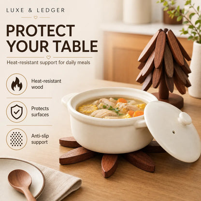 White ceramic pot with wooden stand on a table, featuring text about product benefits.