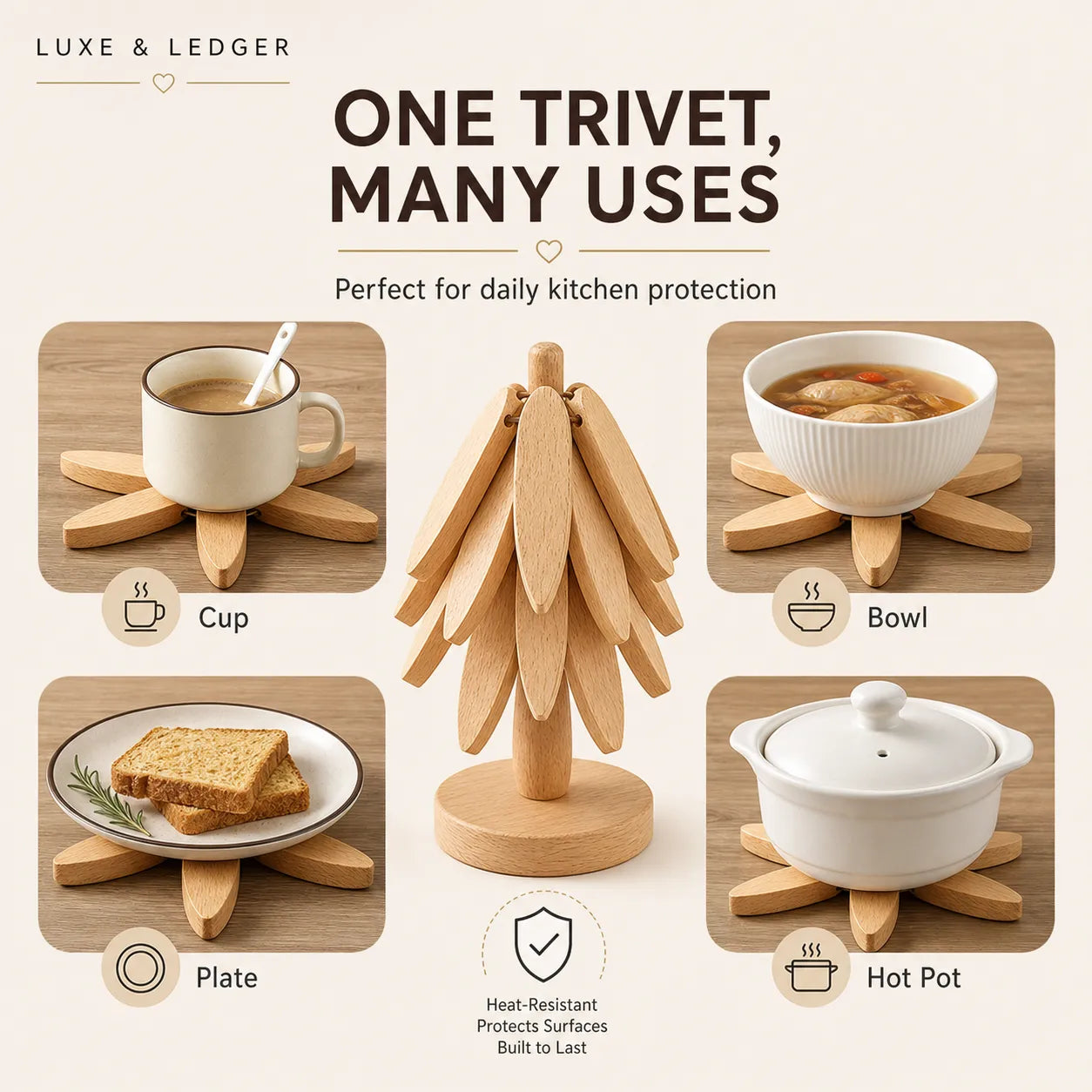 Wooden trivet with various uses shown on a white background