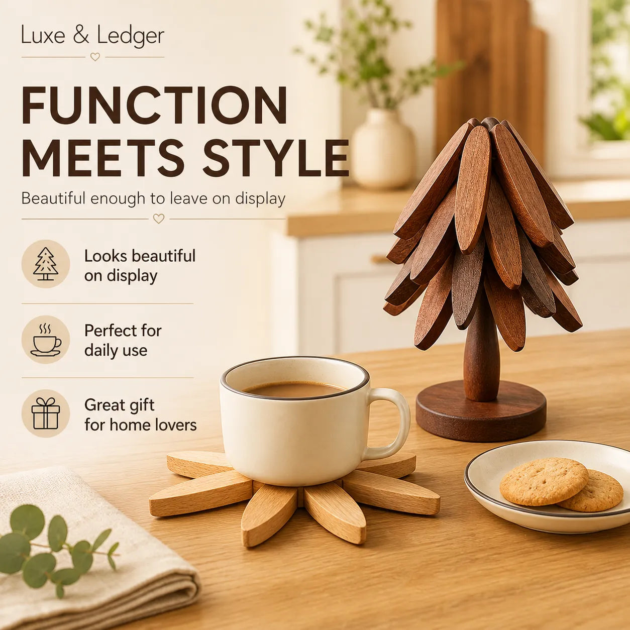 Wooden coaster set with a mug on a table, featuring Luxe & Ledger branding.