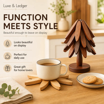 Wooden coaster set with a mug on a table, featuring Luxe & Ledger branding.