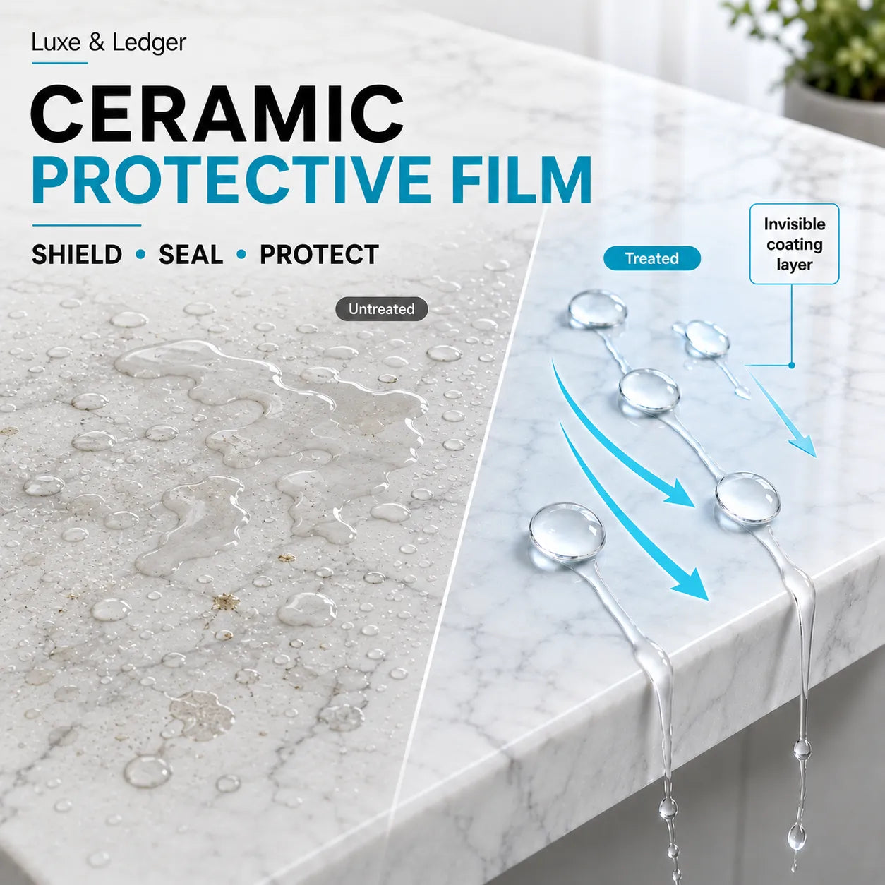 Ceramic protective film advertisement showing a marble surface with water droplets before and after treatment.