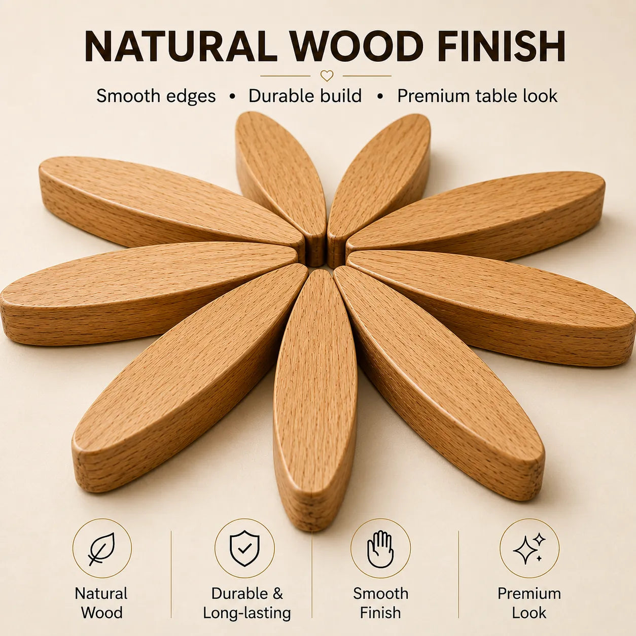 Wooden coaster set with natural wood finish on a beige background