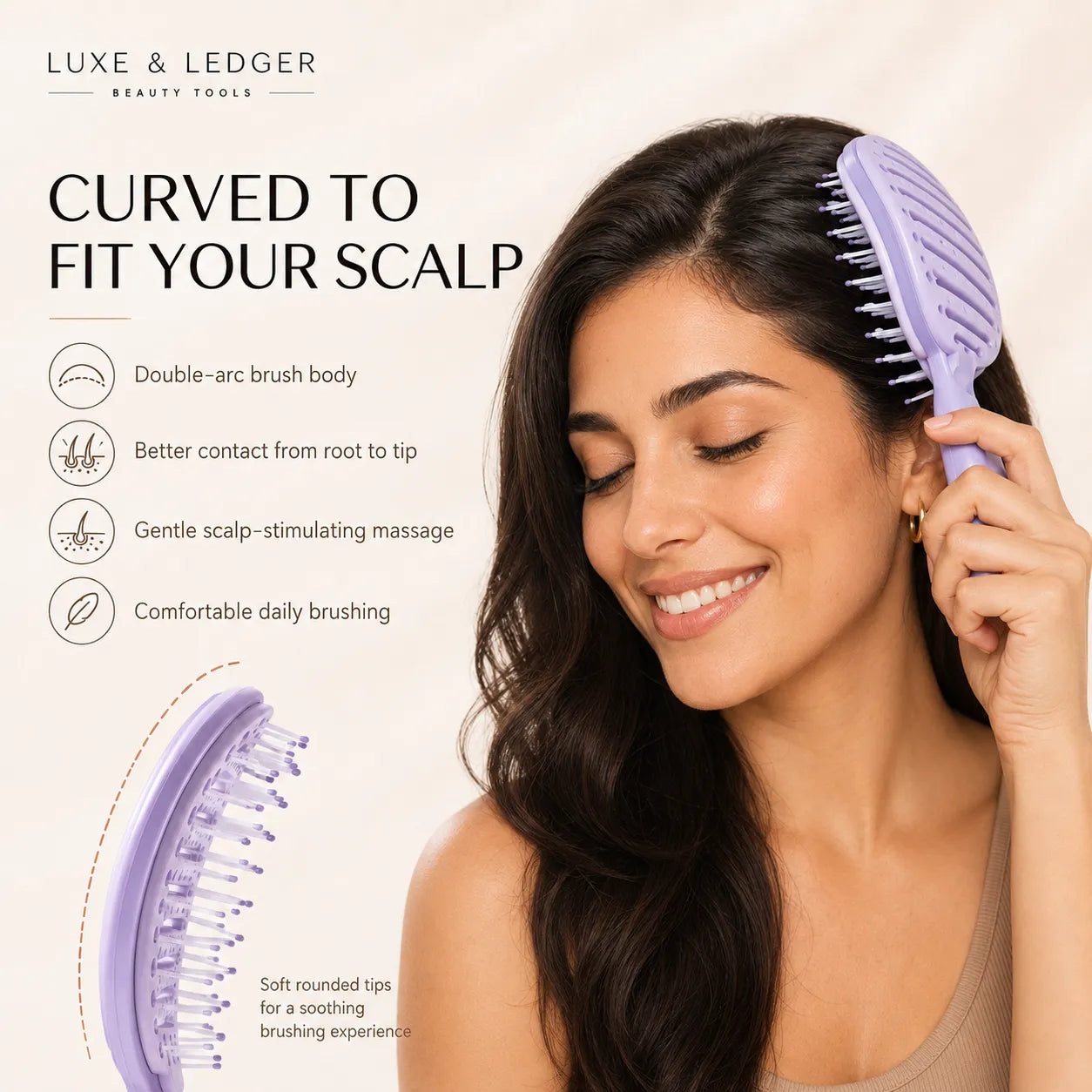 Woman using a purple hairbrush with text about Luxe & Ledger beauty tools on a beige background