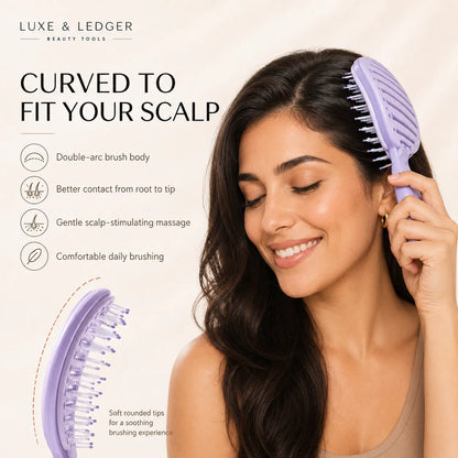 Woman using a purple hairbrush with text about Luxe & Ledger beauty tools on a beige background