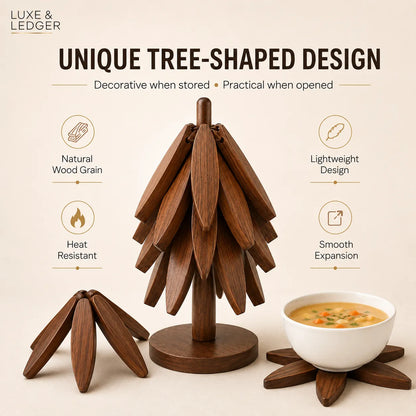 Wooden tree-shaped design with features listed on a beige background
