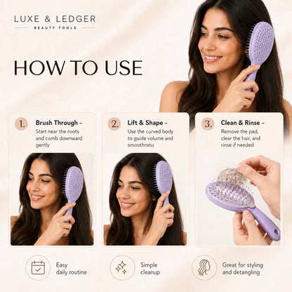 Instructions on how to use a hairbrush with a woman demonstrating, branded as Luxe & Ledger.