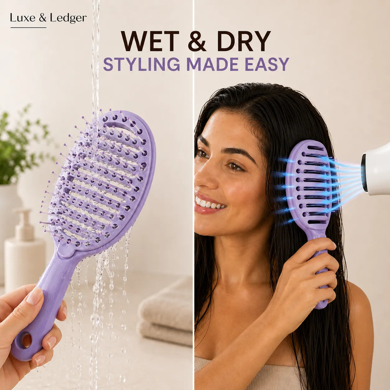 Woman using a purple hairbrush with blue light, surrounded by shower elements and text 'Wet & Dry Styling Made Easy' by Luxe & Ledger.