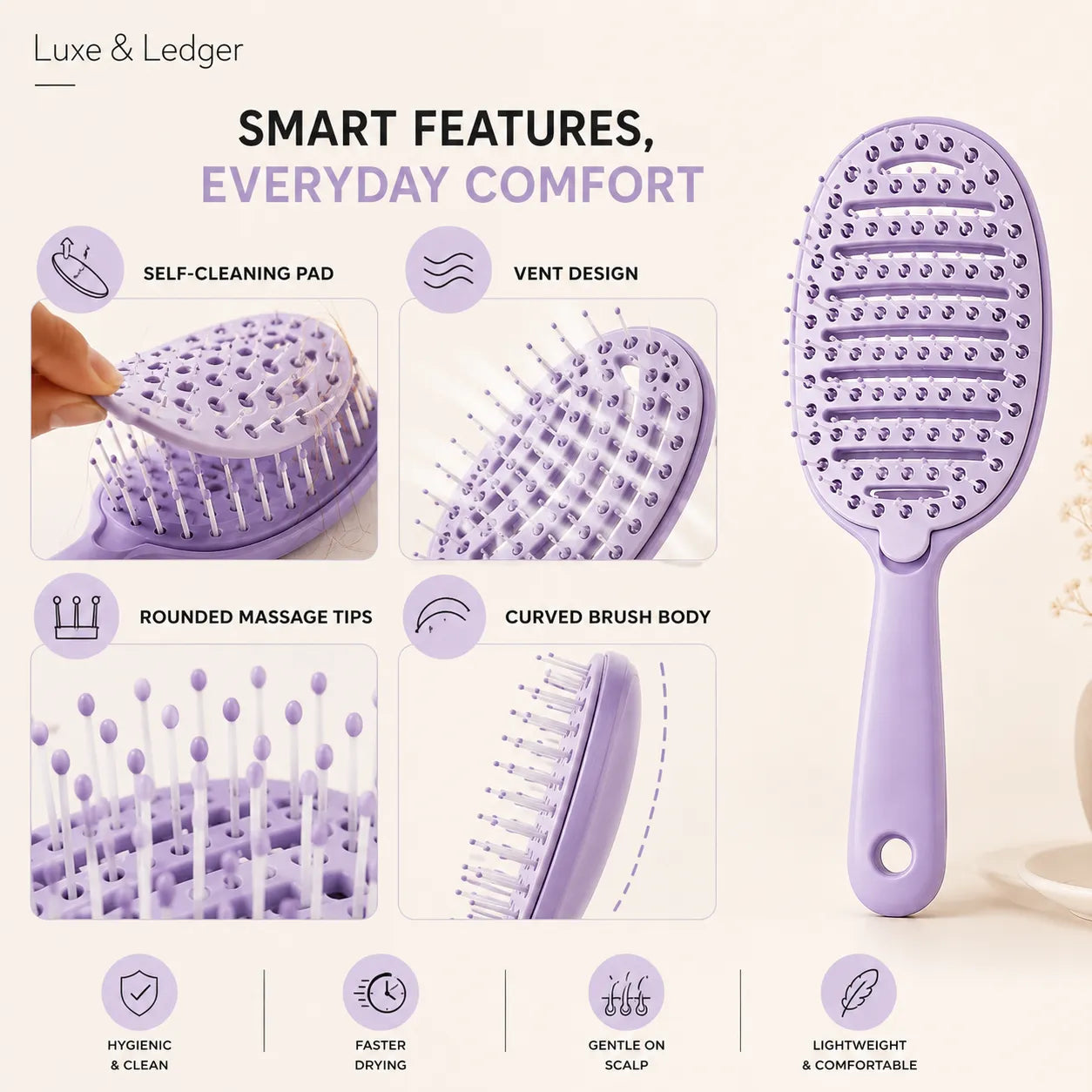 Purple hairbrush with various features highlighted on a white background