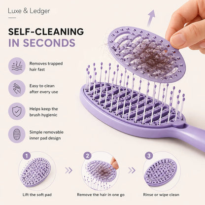 Purple hairbrush with self-cleaning feature and text highlighting benefits on a white background