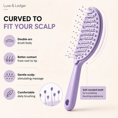 Purple hairbrush with text highlighting features on a light purple background