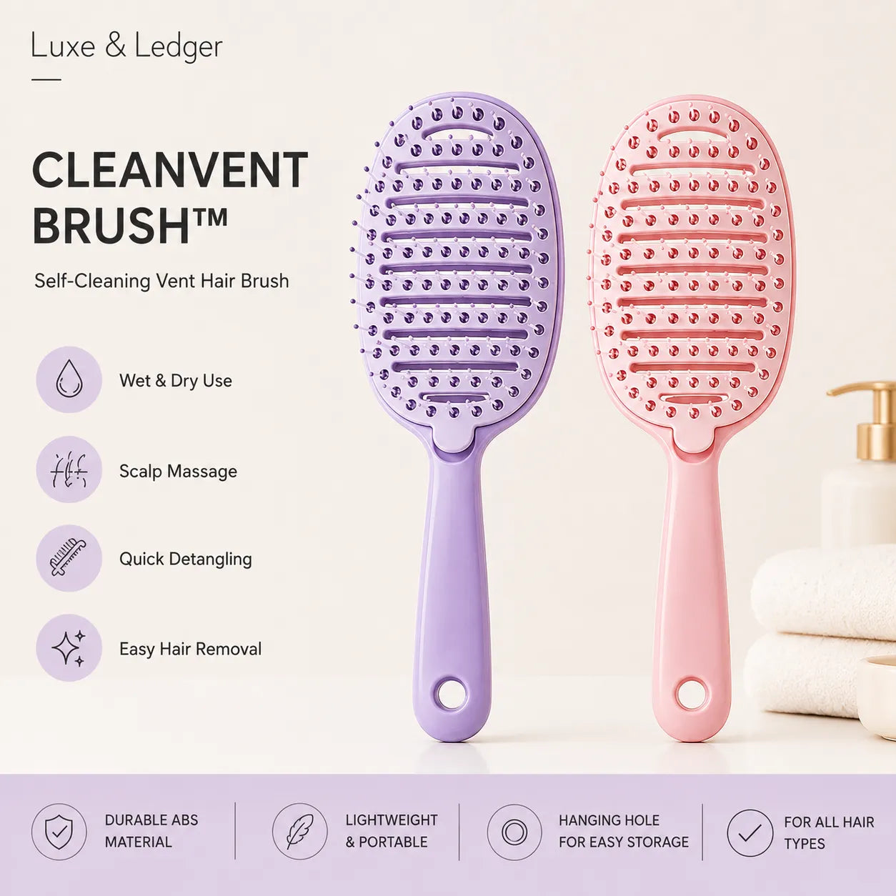Purple and pink hair brushes with features listed on a white background
