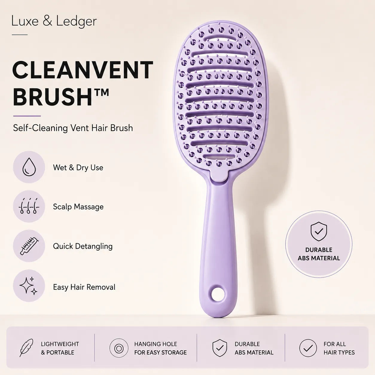 Purple hair brush with features listed on a light background