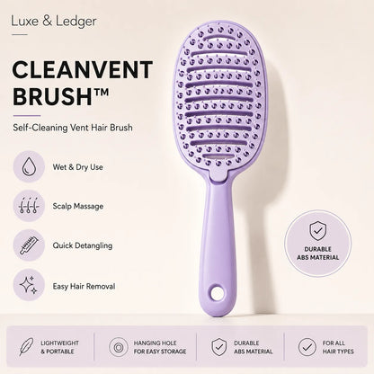 Purple hair brush with features listed on a light background