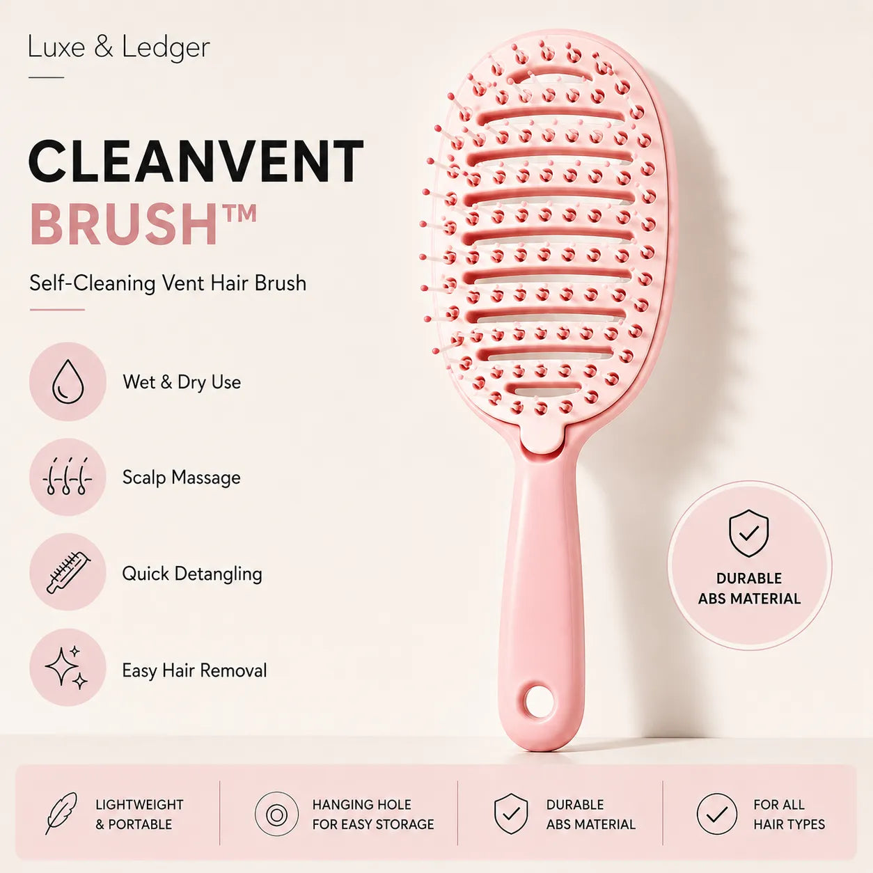 Pink hair brush with features listed on a light pink background