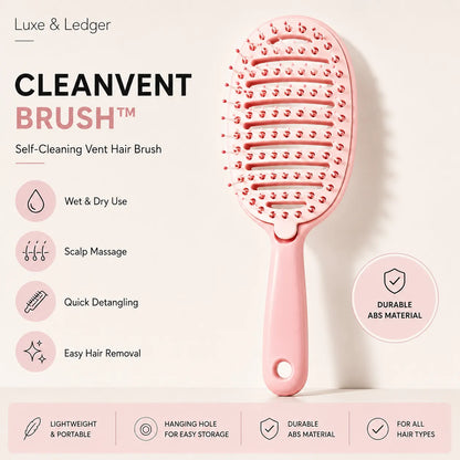 Pink hair brush with features listed on a light pink background