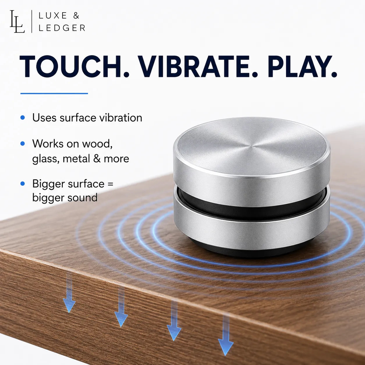 Silver vibration device on a wooden surface with text about its features.