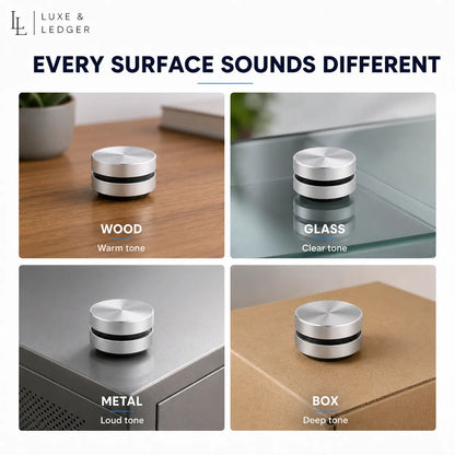 Sound sensor demonstration on different surfaces with Luxe & Ledger branding.