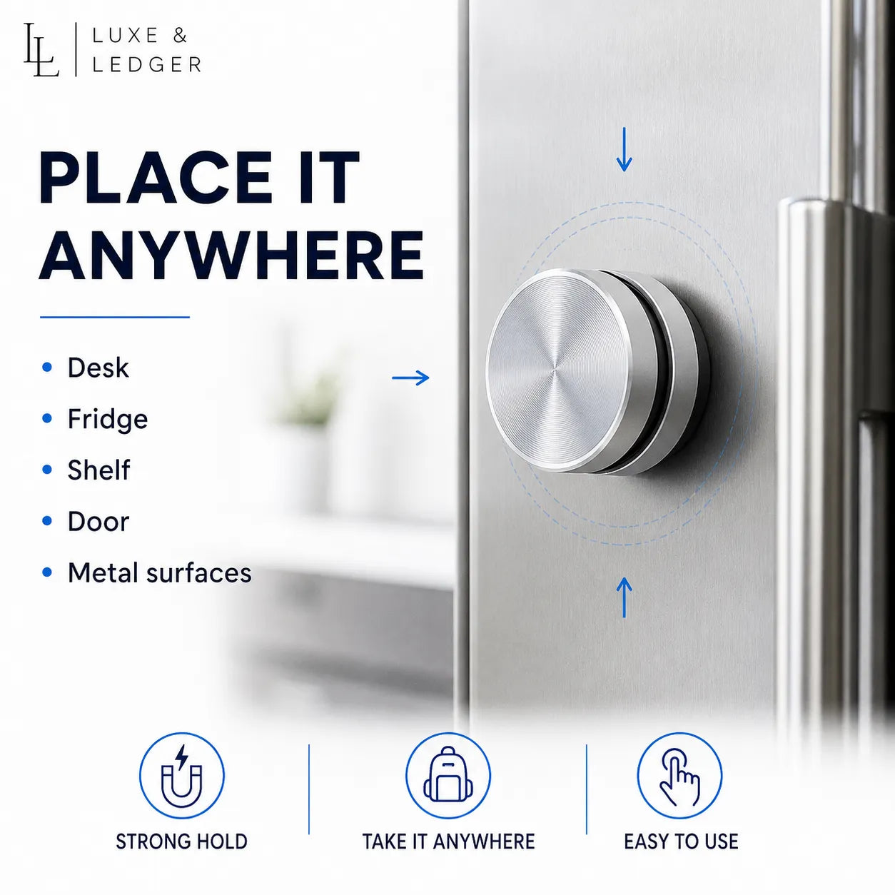 Metallic knob on a door with branding and text about product versatility.