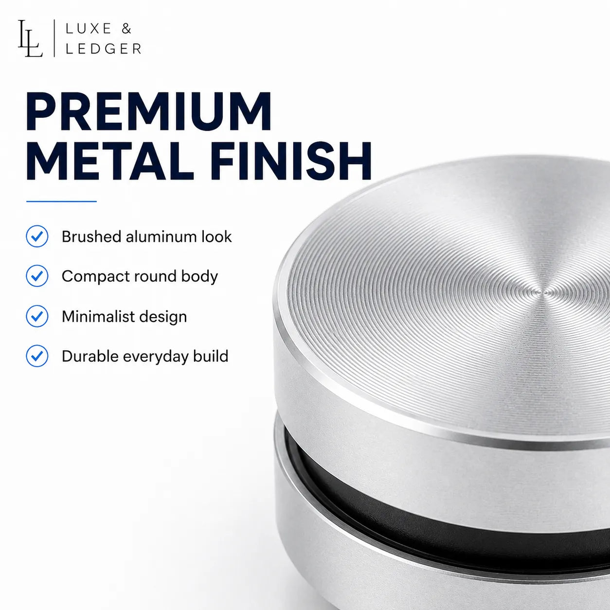 Metallic container with 'Luxe & Ledger' branding and features listed on a white background.