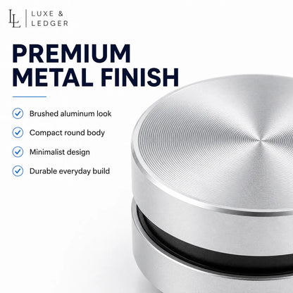 Metallic container with 'Luxe & Ledger' branding and features listed on a white background.