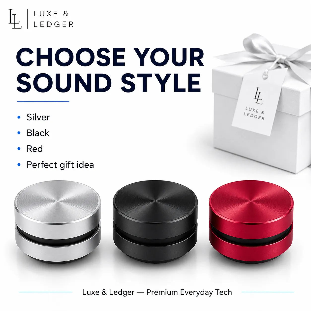 Three circular devices in silver, black, and red with a gift box and 'Luxe & Ledger' branding.
