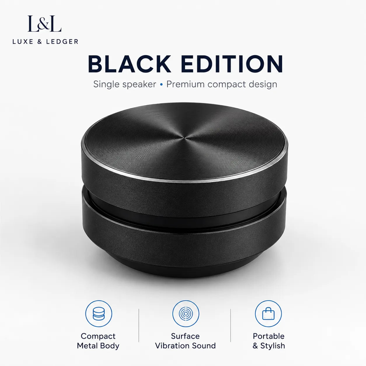 Black speaker with 'Luxe & Ledger' branding on a white background