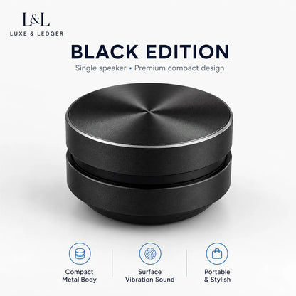 Black speaker with 'Luxe & Ledger' branding on a white background