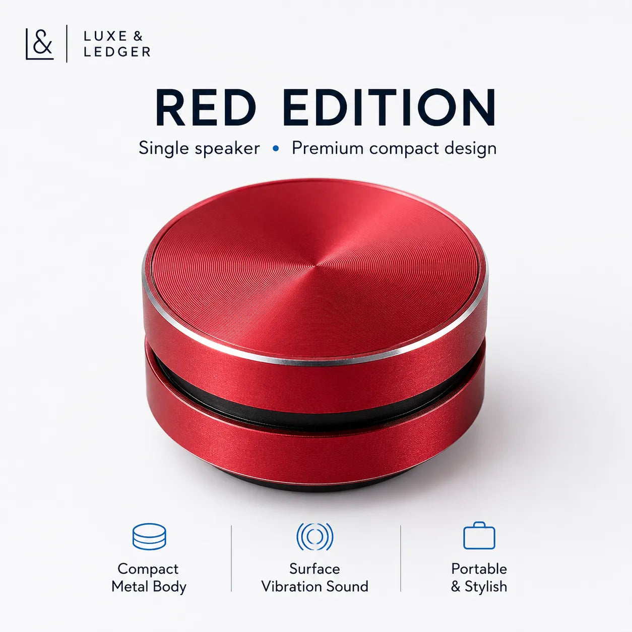 Red speaker with 'Luxe & Ledger' branding on a white background