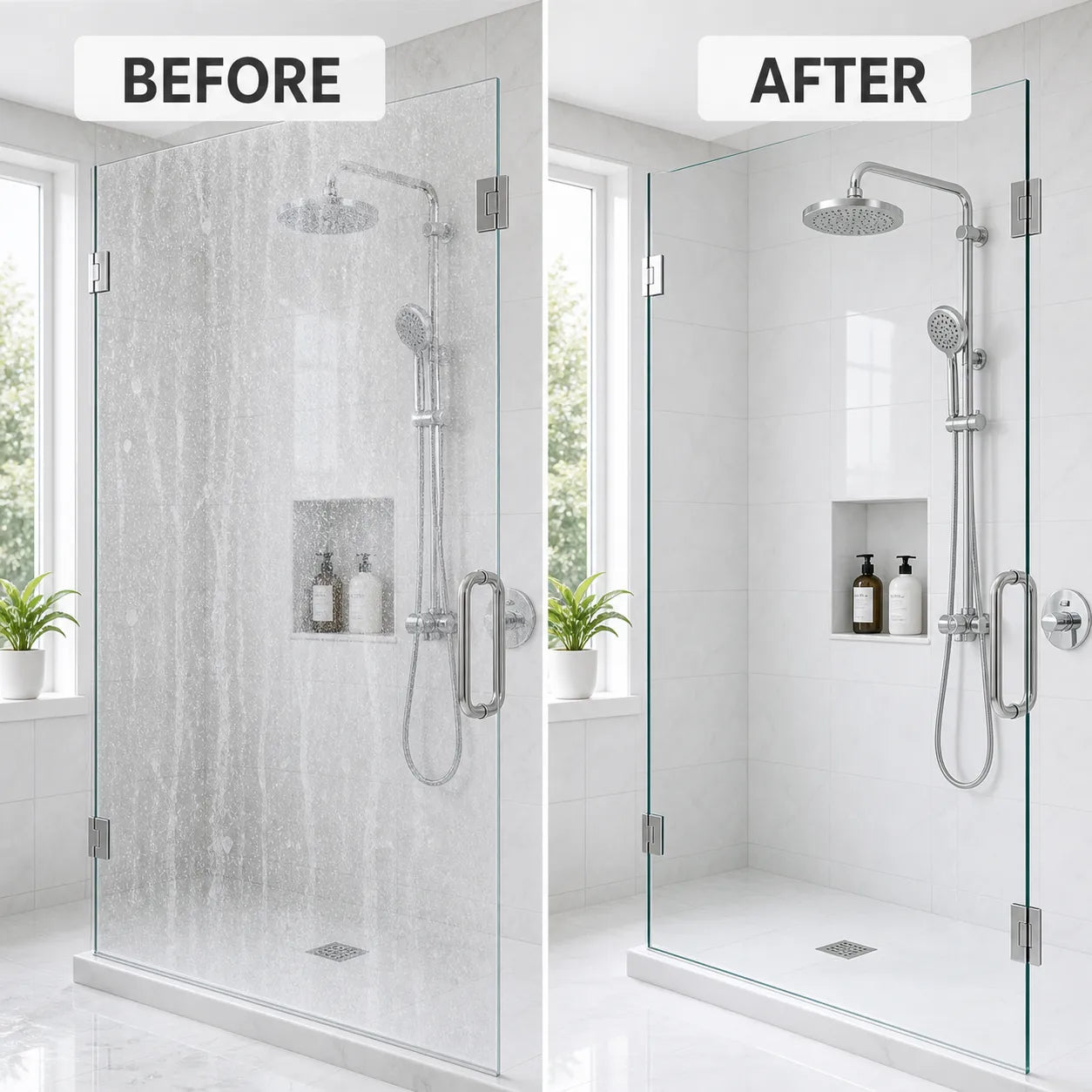 Before and after comparison of a shower setup with glass doors.