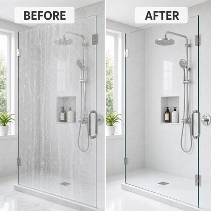 Before and after comparison of a shower setup with glass doors.