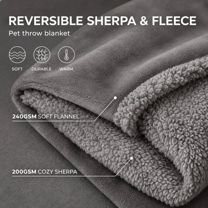 Reversible Sherpa & Fleece pet throw blanket with text detailing features on a dark background