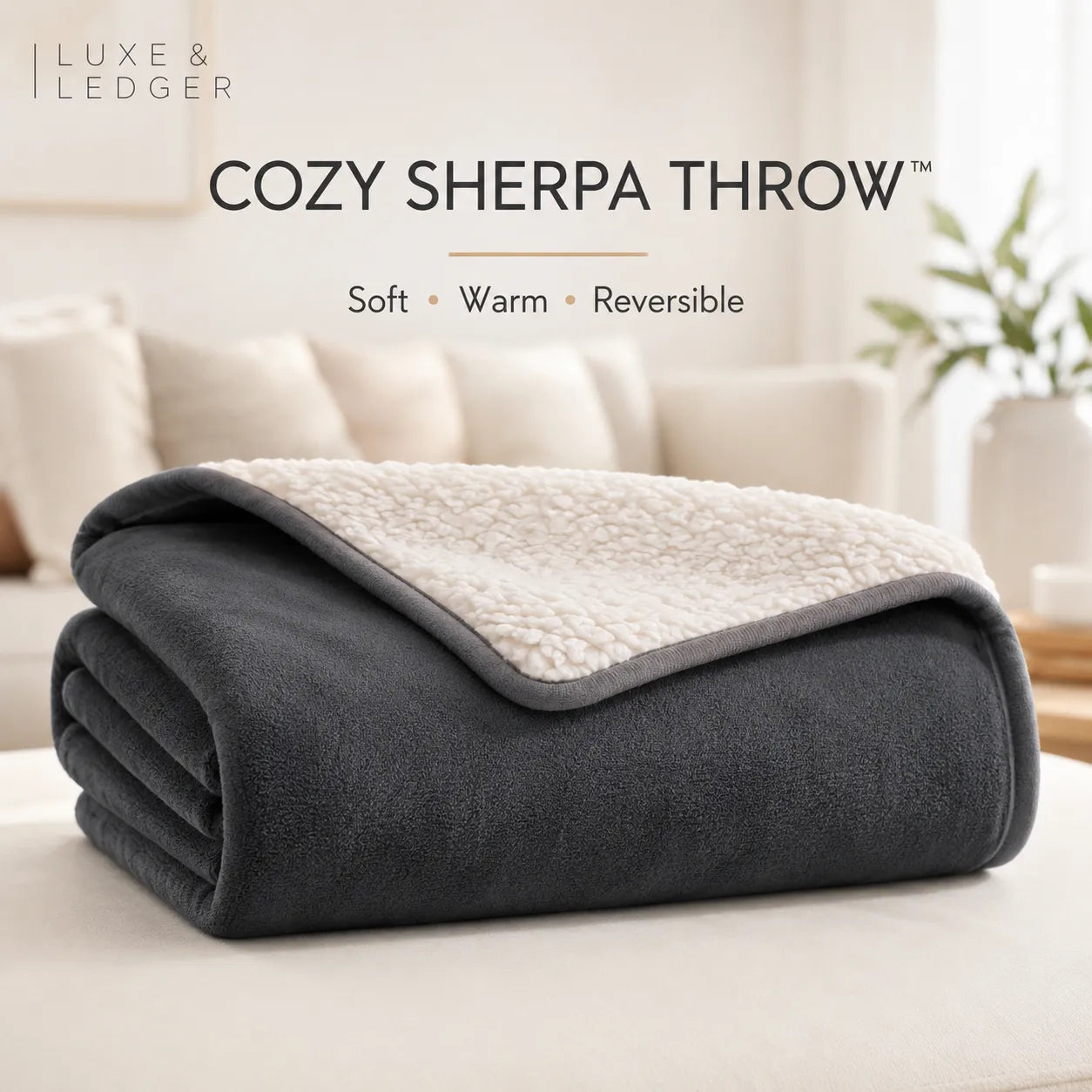 Cozy sherpa throw blanket on a couch with 'Luxe & Ledger' branding.