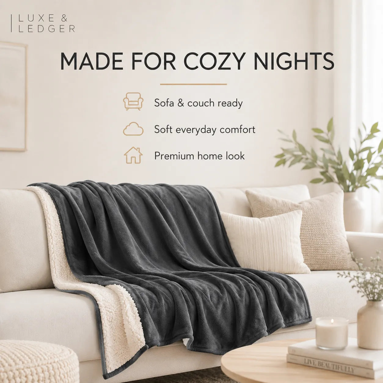 Gray blanket draped over a white sofa with 'Luxe & Ledger' branding and text about comfort and coziness.