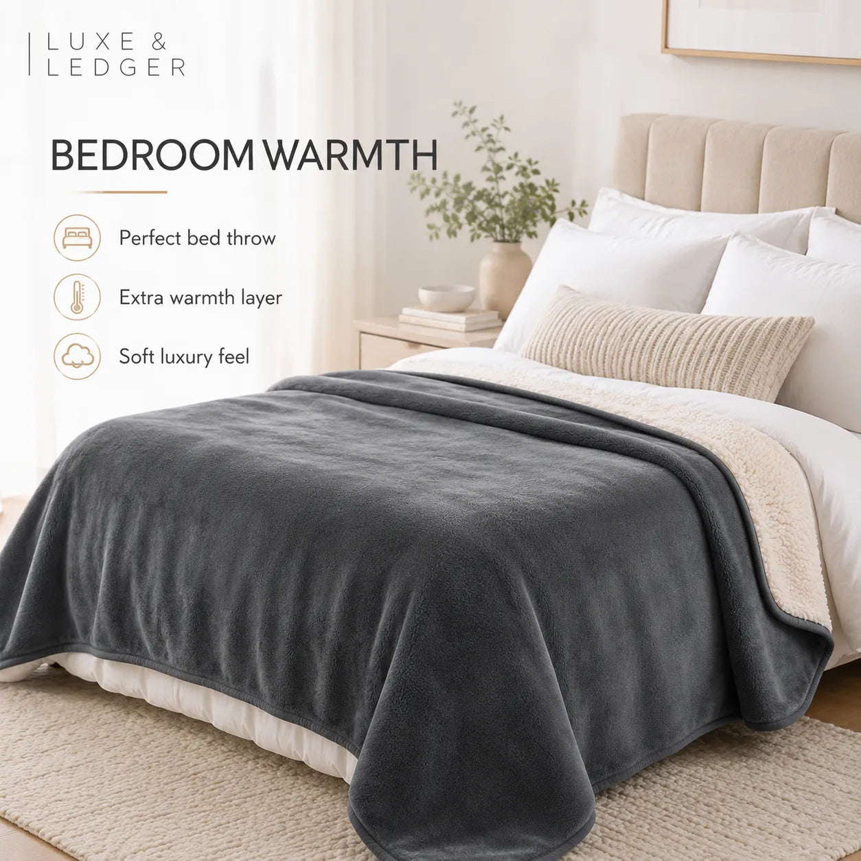 Gray bed throw blanket on a bed with 'Luxe & Ledger' branding and product features listed.