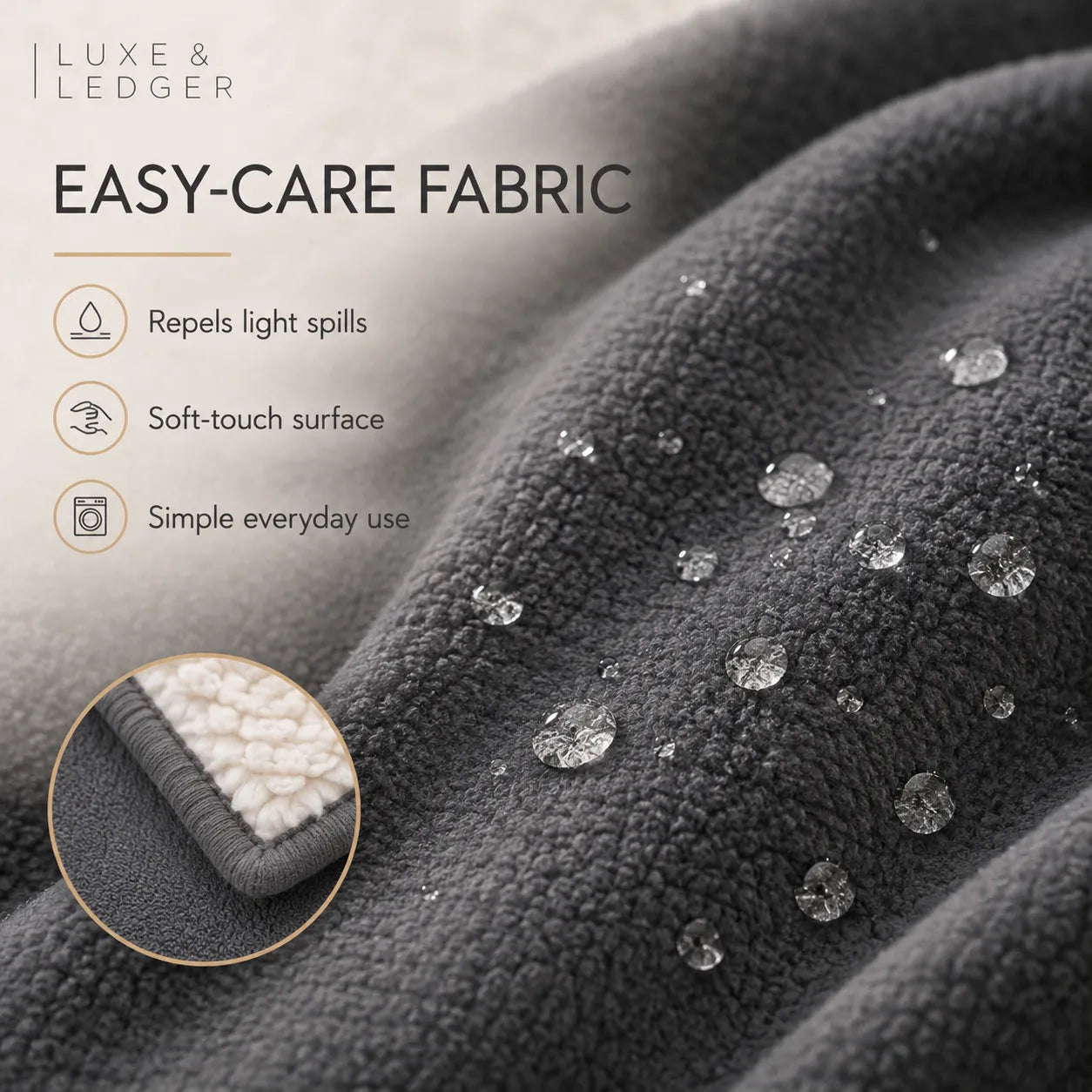 Textured fabric with water droplets and Luxe & Ledger branding, highlighting easy-care properties.