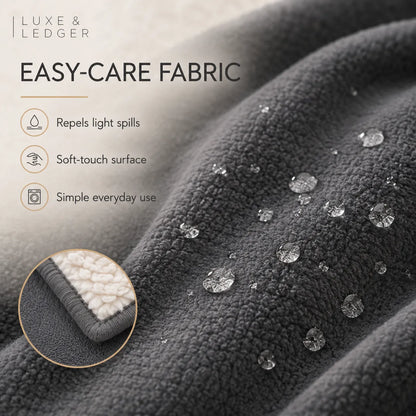 Textured fabric with water droplets and Luxe & Ledger branding, highlighting easy-care properties.