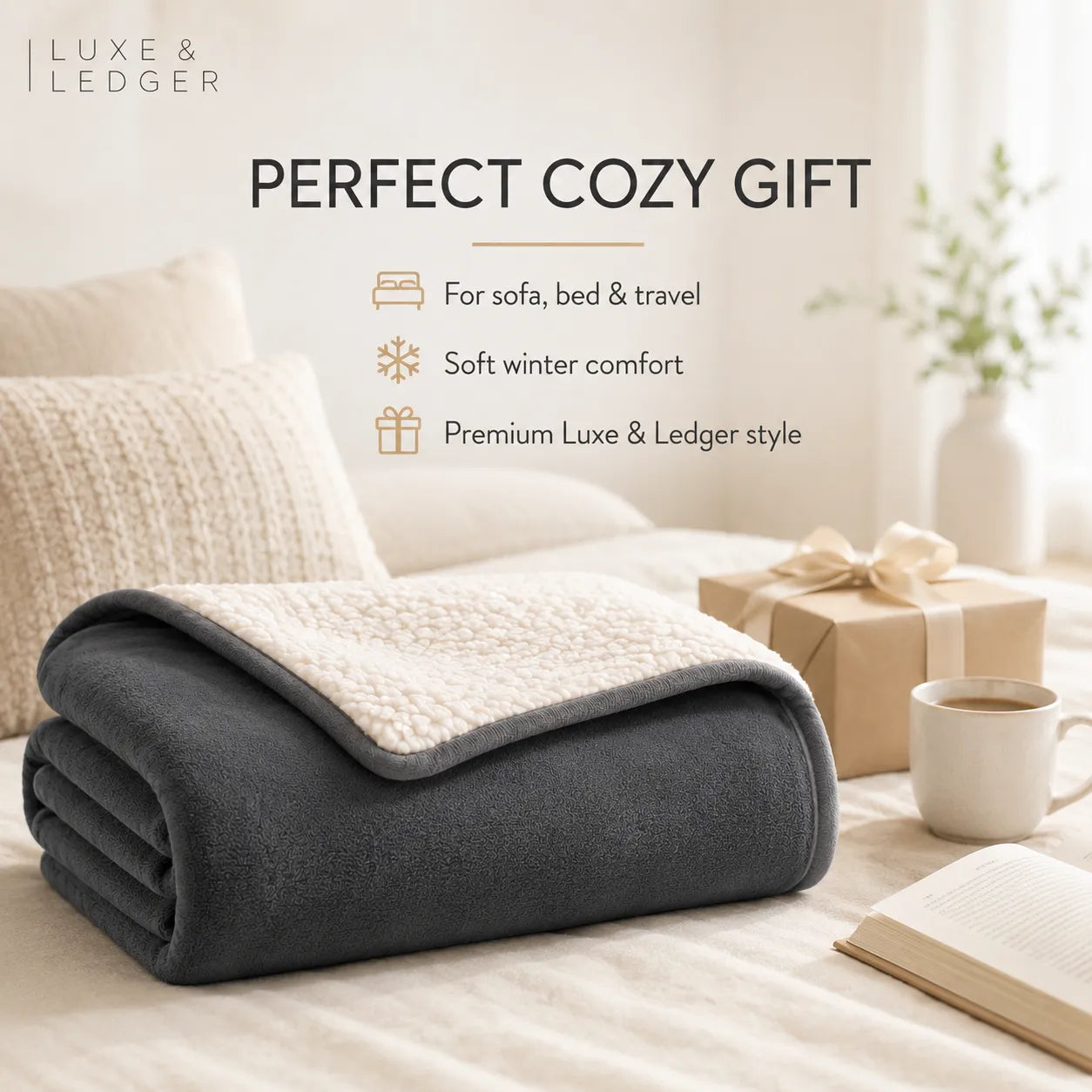 Gray blanket on a sofa with a gift and coffee cup, featuring Luxe & Ledger branding.