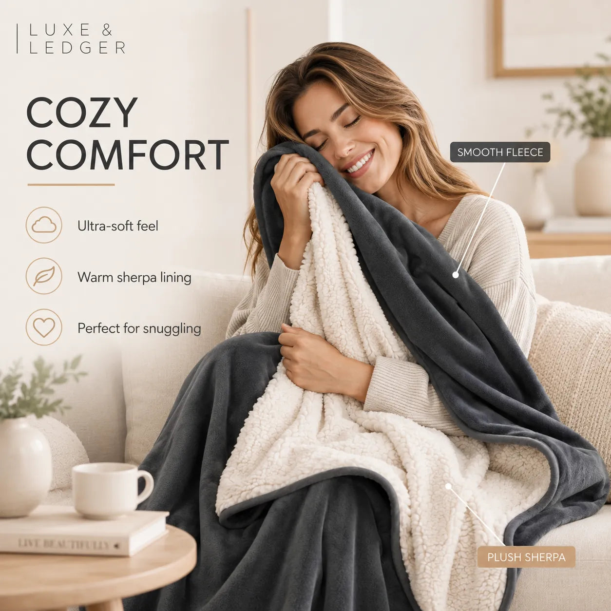 Woman wrapped in a plush fleece blanket with text highlighting features, in a cozy living room setting.