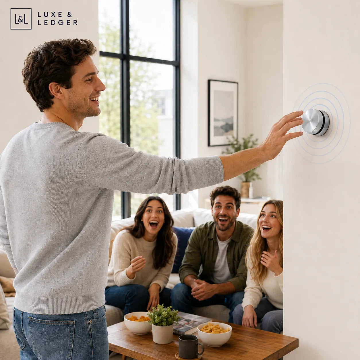 Man adjusting a light switch in a living room with friends, Luxe & Ledger logo visible.