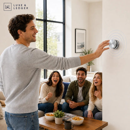Man adjusting a light switch in a living room with friends, Luxe & Ledger logo visible.