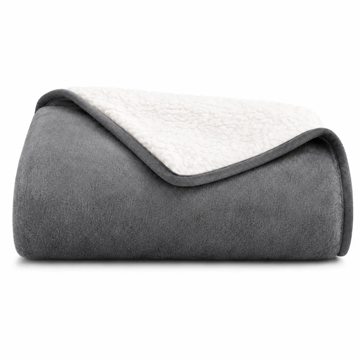 Gray and white quilted blanket on a white background