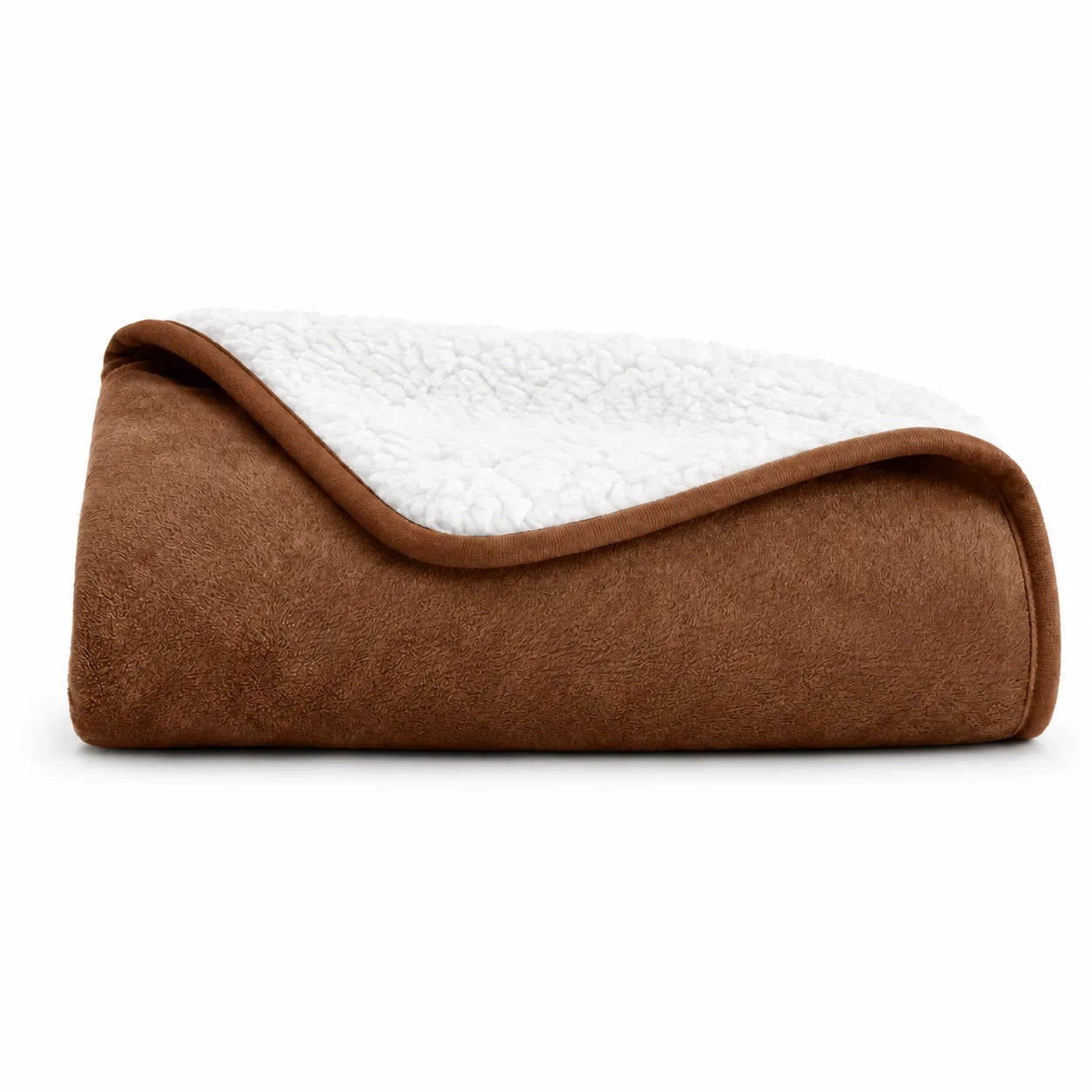 Brown and white quilted blanket on a white background