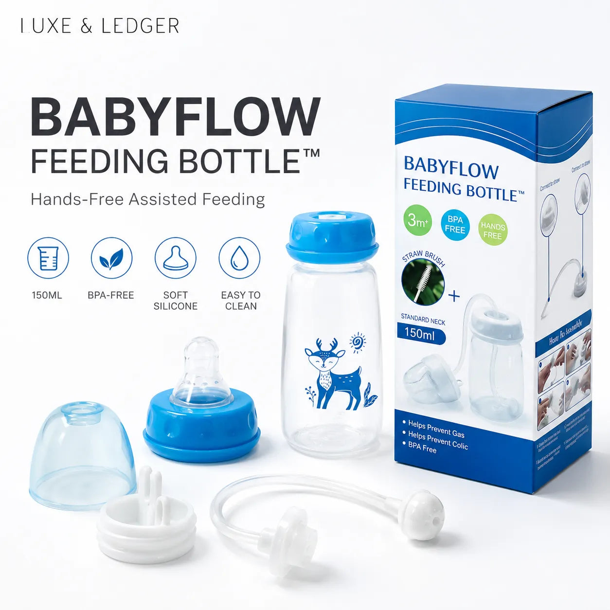 Babyflow feeding bottle with accessories and packaging on a white background