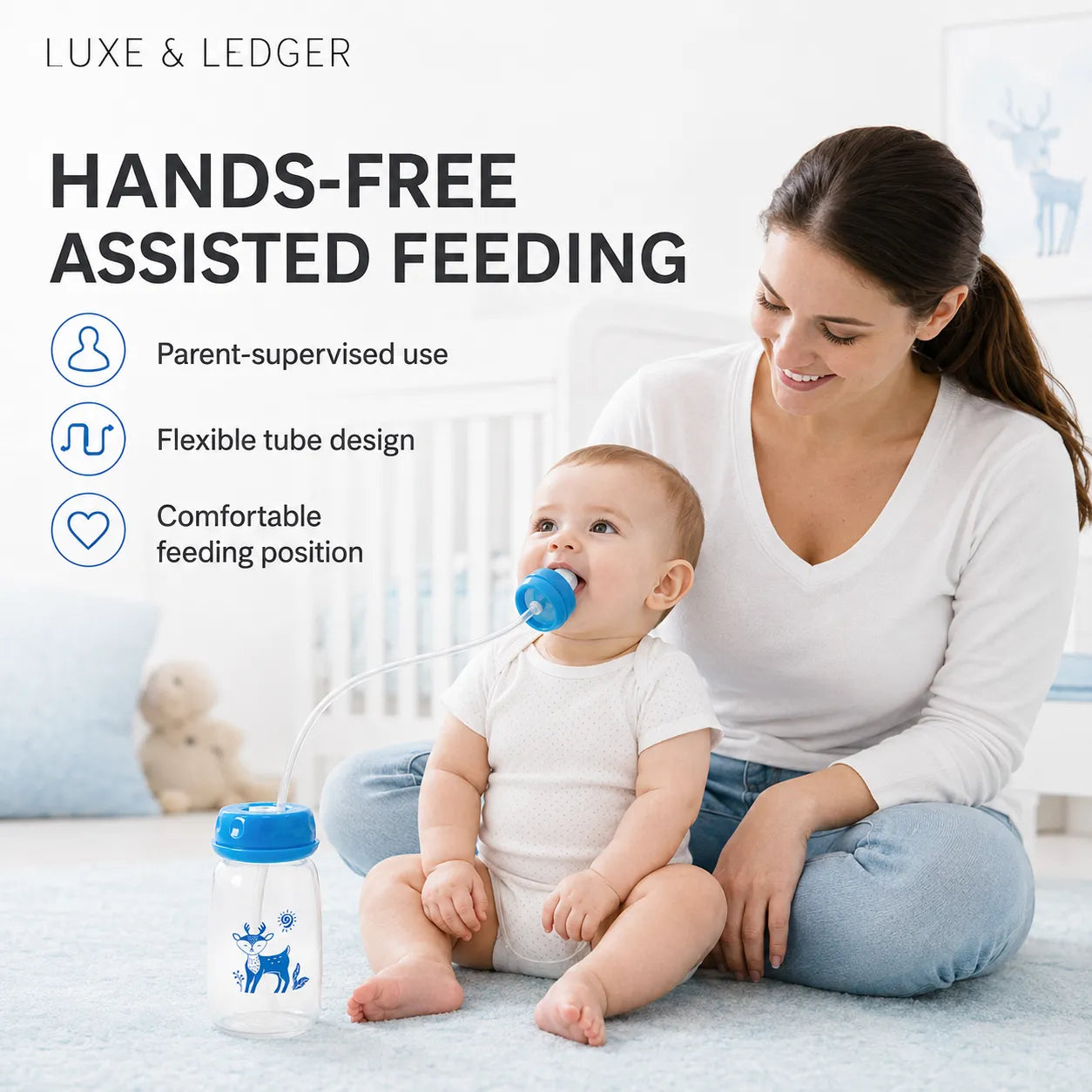 Woman and baby with a hands-free assisted feeding product, featuring Luxe & Ledger branding.