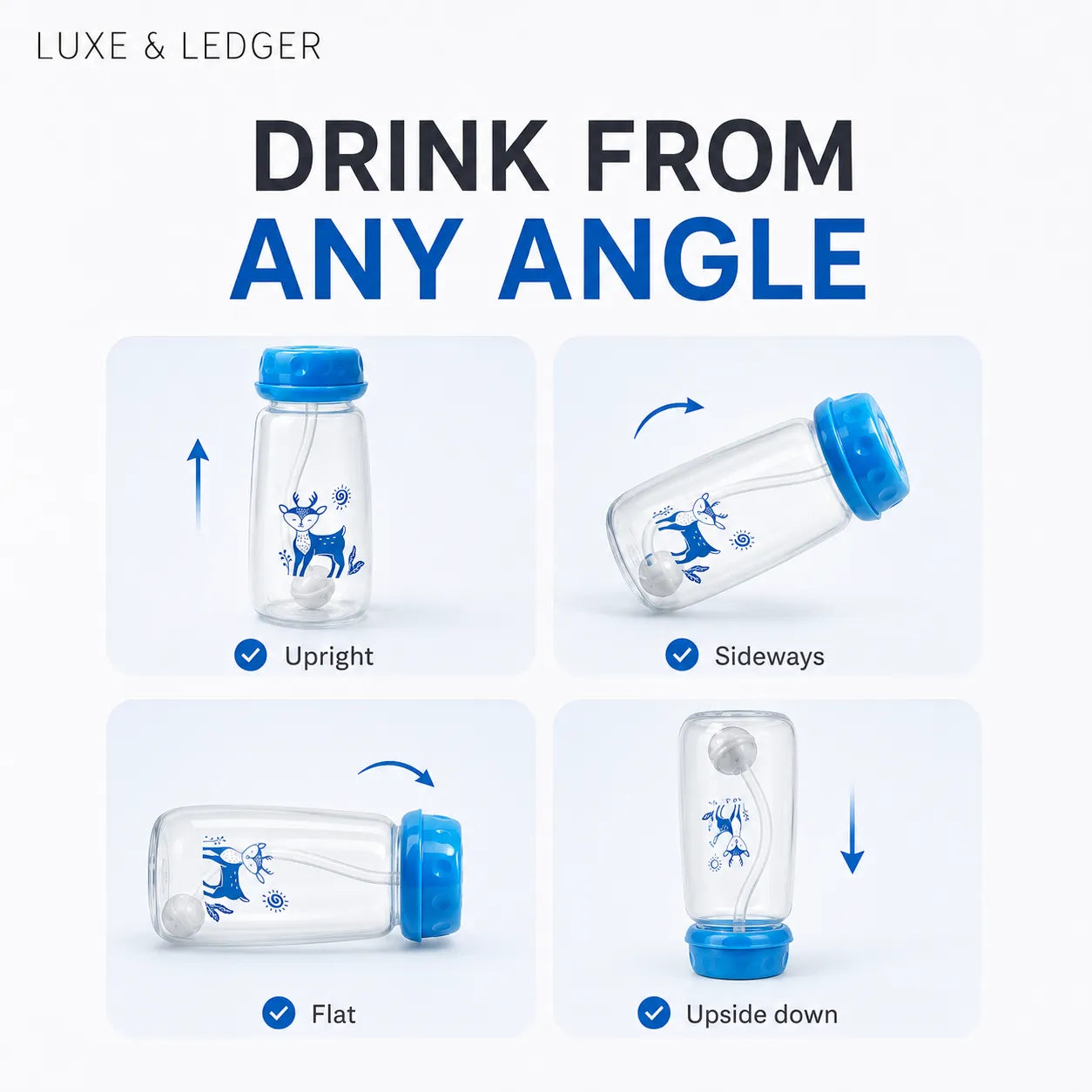 Bottle with blue cap demonstrating drinkability from various angles on a white background.