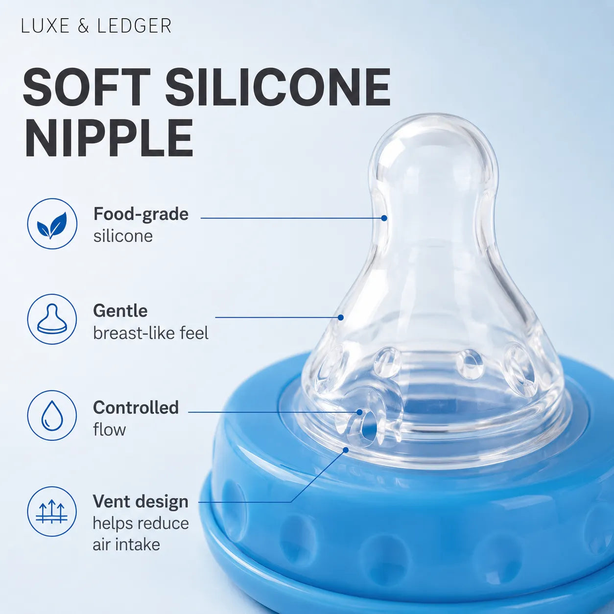 Blue baby bottle with soft silicone nipple on a light blue background, featuring text and icons about the nipple's features.